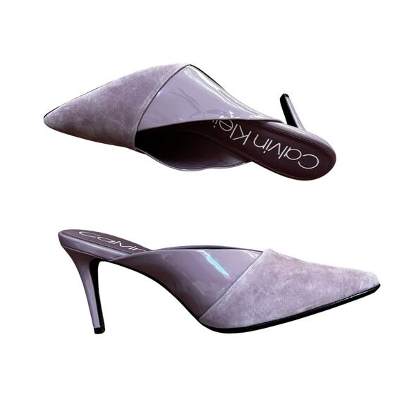 Calvin Klein "Gosha" purple lavender suede & patent leather high heel mules 10M - Picture 6 of 13